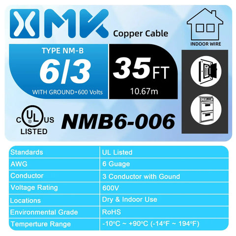 Beefy 35 Foot 6 AWG 3 Conductor NmB Electrical Cable With Ground Solid Copper Wire For Home Run And Heavy Duty Residential Power Upgrades 600 Volt UL Certified Pro Grade Build Quality labeled specifications