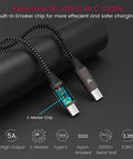 Attached 5A USB C to C cable with nylon braided design and Emaker chip for safer charging, 3.3ft length.