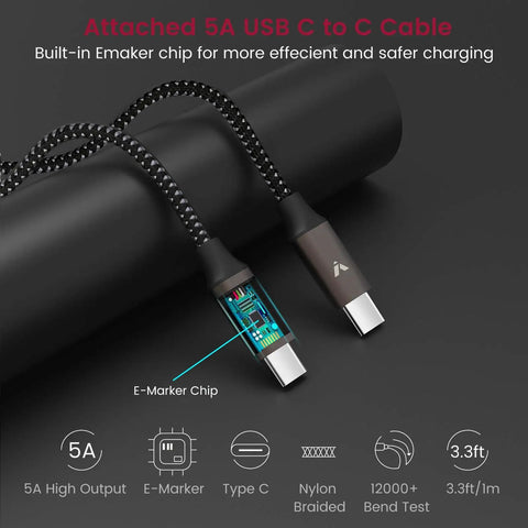 Attached 5A USB C to C cable with nylon braided design and Emaker chip for safer charging, 3.3ft length.