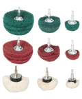 10 Piece Premium Non Woven Abrasive Buffing Wheel Set With 1/4 Inch Shank featuring green and red flap wheels and dome sanding pads.