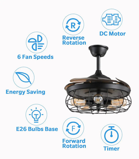 36 Inch Retractable Blade Ceiling Fan With Lights Remote Control, Industrial Farmhouse Chandelier Vibe features and infographic