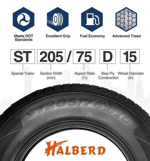 Premium ST205/75D15 trailer tire close-up, showcasing specs and Halberd branding for travel camper utility trailers