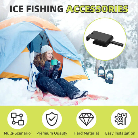 Universal Ice Anchor Drill Adapter For Ice Fishing Shelters And Auger Bolts next to a winter tent setup