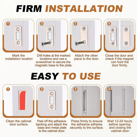 Installation and usage instructions for Ultra Slim Stainless Steel Cabinet Door Magnets, 4 Pack With Double Sided Tape and Screw Mount