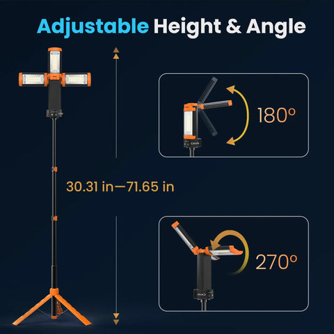 Rechargeable Outdoor Camping Light With Remote And Detachable Tripod Up To 6 Ft shown with adjustable LED heads and height
