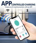 Smartphone showcasing app for Rugged Outdoor Level 2 EV Charger Up To 40 Amps With NEMA 14 50 Outlet J1772 Compatible Fast Charging Station