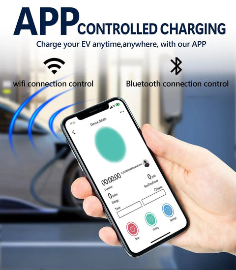 Smartphone showcasing app for Rugged Outdoor Level 2 EV Charger Up To 40 Amps With NEMA 14 50 Outlet J1772 Compatible Fast Charging Station