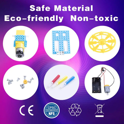 Components of Hands-On Electric Motor Robot Science Kits For Kids Ages 8 To 12 on purple background