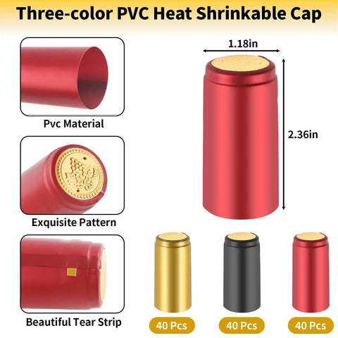 Premium Pvc Heat Shrink Wine Bottle Caps 120 Pieces Assorted Pack Heavy Duty Seal Wraps For Liquor And Craft Brewing in red, black, and gold.