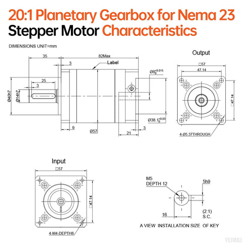Technical drawing of 20 To 1 Planetary Gearbox Reducer For Nema 23 Stepper Motors with dimensions and labels.