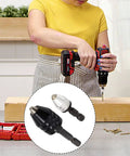 Woman using drill with Keyless Drill Chuck Set One Quarter Inch Hex Shank Quick Change Converter For Impact Drills Includes 2 Pieces