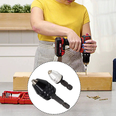 Woman using drill with Keyless Drill Chuck Set One Quarter Inch Hex Shank Quick Change Converter For Impact Drills Includes 2 Pieces