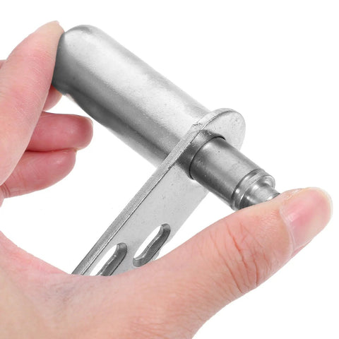 Close-up of stainless steel spring loaded door hinges with automatic rebound for cabinets and doors, built tough heavy duty hardware.
