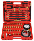 Front view of red case with Bicos Pro fuel injection pressure tester kit, gauge and brass fittings