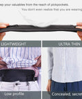 Travel Money Belt With RFID Blocking Slim Hidden Pouch Under Your Clothes shown in split view, demonstrating its discreet under-clothes fit.