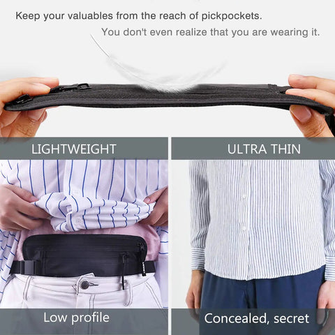 Travel Money Belt With RFID Blocking Slim Hidden Pouch Under Your Clothes shown in split view, demonstrating its discreet under-clothes fit.