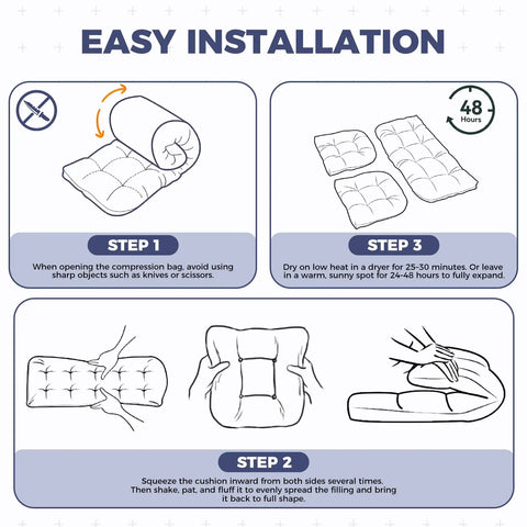 Diagram showing installation steps for Outdoor Wicker Chair Cushions 3 Piece Set 1 Loveseat Cushion And 2 U Shaped Cushions.