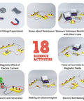 Electricity And Magnetism Kit For Kids With 50 Pieces showing 18 science activities and experiments in physics.