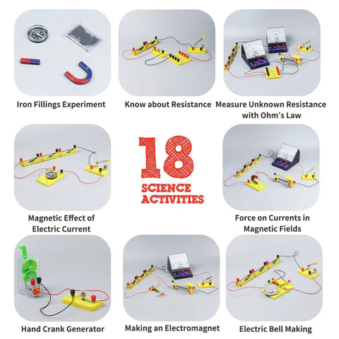 Electricity And Magnetism Kit For Kids With 50 Pieces showing 18 science activities and experiments in physics.