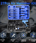 27 Piece Air Hammer Kit With Pneumatic Hammers Up To 2500 BPM Pro Grade Heavy Duty Bead Breaker And Chisel Set in blue case