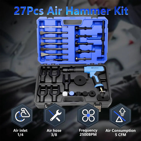 27 Piece Air Hammer Kit With Pneumatic Hammers Up To 2500 BPM Pro Grade Heavy Duty Bead Breaker And Chisel Set in blue case