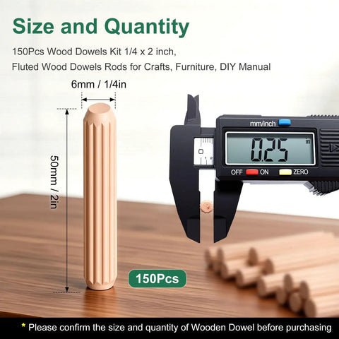 150 Pcs Wood Dowels Kit One Quarter Inch By Two Inch Fluted Straight Grooved Pro Grade Dowel Pins For Crafts Furniture And DIY Projects Beveled Ends For Easy Glue Fit Heavy Duty Schima Superba Wood shown with caliper measurement