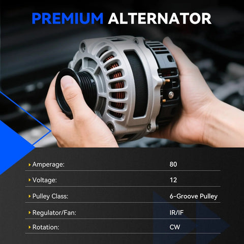 Person holding Heavy Duty Alternator Replacement For 2003-2008 Vibe And 2003-2008 Corolla Matrix 1.8L L4 Engines, 2000-2005 Celica MR2 Spyder, 27060-0D110 Compatible Replacement Auto Alternator With Easy Install, showing 80 amp and 12 volt specifications.