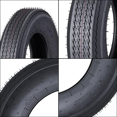 Close-up of Heavy Duty Trailer Tire Set With 6PR Load Range C 12 Inch All Weather Tires, showing tread pattern and sidewall details.