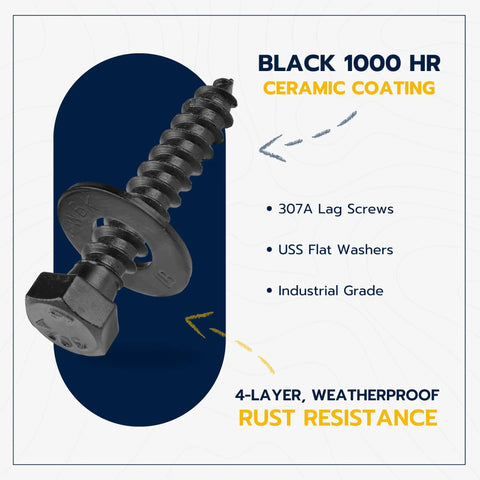 Built Tough Three Eighth By One And A Half Inch Lag Bolt Kit With Washers Includes Fifty Black Ceramic Coated Fasteners For Exterior Deck Jobs and Treated Lumber, showcasing black ceramic coated 307A lag screw with washer.