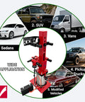 Heavy Duty Pneumatic Strut Compressor Badass Floor Setup Air Driven Shock Spring Remover 5511 Lbs Squeeze Power shown with vehicle types.