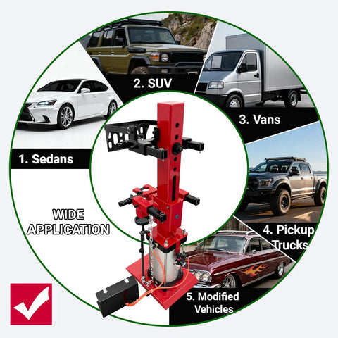 Heavy Duty Pneumatic Strut Compressor Badass Floor Setup Air Driven Shock Spring Remover 5511 Lbs Squeeze Power shown with vehicle types.