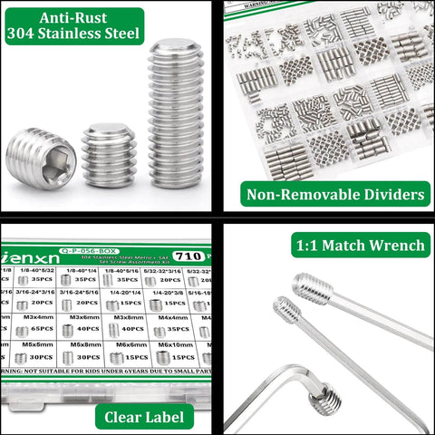 710 Piece Beefy Stainless Steel Set Screw Kit Metric And SAE With Hex Socket Cup Point Screws, Allen Head Grub Screws