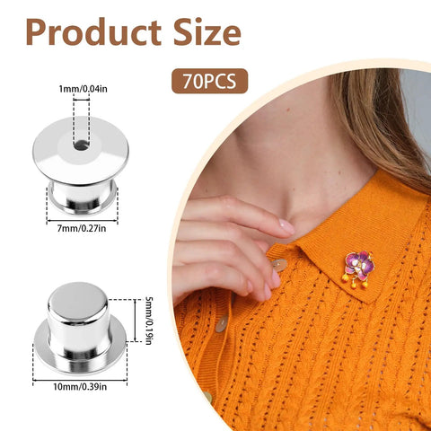 70 Pack Locking Pin Backs Metal Seals For Badges Brooches And Enamel Pins Secure Your Swag With These Dope Pin Fasteners sizes on a model's collar.