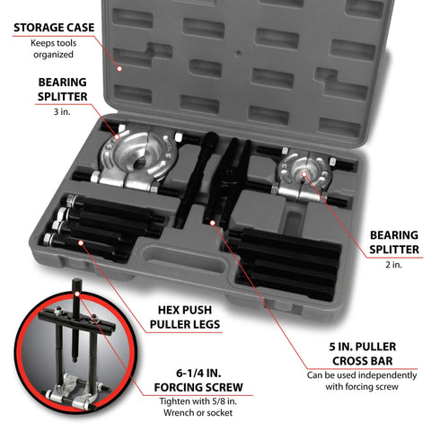 5 Ton Bearing Separator Kit With Bar Puller And Splitters 2 Inch And 3 Inch Hex Push Puller Legs Durable Storage Case for gear pulling