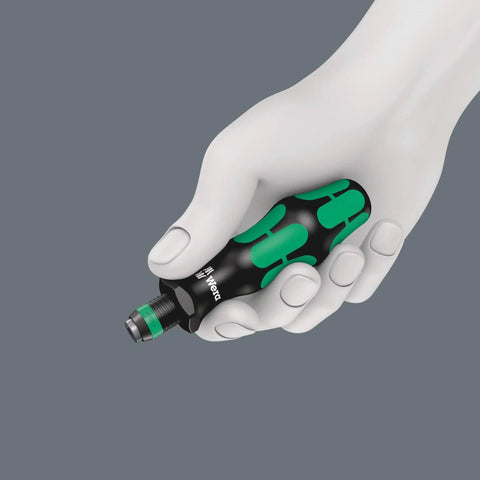 Hand holding Kraftform Kompakt 60 Imperial 17 Piece Bit Set with Rapidaptor Quick Release Chuck for Manual and Power Tools.