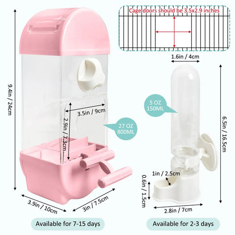 No Fuss Automatic Bird Feeder With Spill Proof Bottom Tray keeps your cage fresh; 27oz seed, 5oz water capacity, pink plastic.