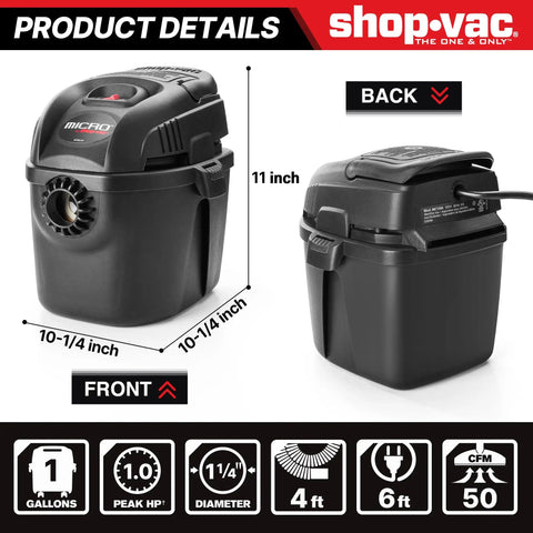 Front and back view of One Gallon Wet Dry Vacuum Micro 1.0 Peak HP With 1.25 Inch By 4 Foot Hose And 6 Foot Cord