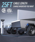 No Fuss Level One And Two Electric Vehicle Charger With Twenty Five Foot Heavy Duty Cord Nema Plugs And Straight Forward Setup For Effortless Tesla Road Trips charging a vehicle in a parking area.
