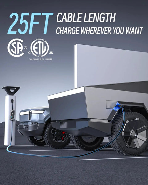 No Fuss Level One And Two Electric Vehicle Charger With Twenty Five Foot Heavy Duty Cord Nema Plugs And Straight Forward Setup For Effortless Tesla Road Trips charging a vehicle in a parking area.