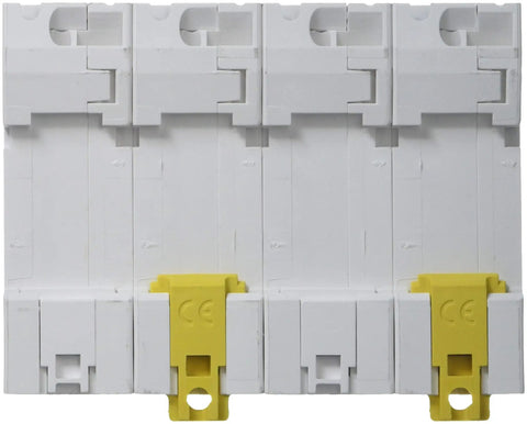 Badass 4 Pole Circuit Breaker 100Amp C Curve 10000A Breaking Capacity 415V White Heavy Duty Electrical Panel Safety Switch viewed from front with yellow safety latch.