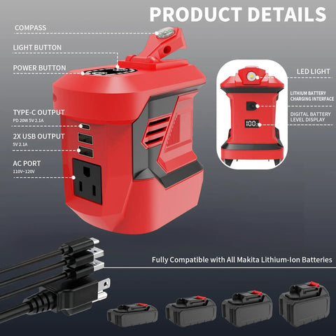 Hit The Road With Heavy Duty Juice From This 300W Portable Power Inverter For Makita 20V And 18V Batteries Converting DC To AC 110V For Camping Featuring Type C And Dual Usb Ports With A Cool Led, showcasing details and ports.