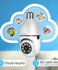 2K 3MP Light Bulb Security Camera With 360 Degree View showing cloud record and SD card slot features.