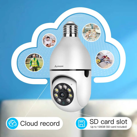 2K 3MP Light Bulb Security Camera With 360 Degree View showing cloud record and SD card slot features.