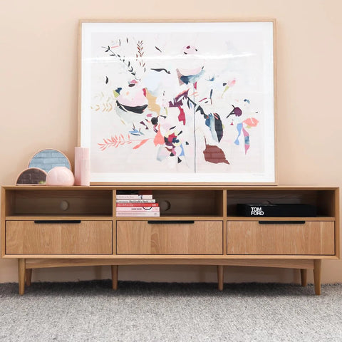 Wooden sideboard with Matte Black Edge Finger Pulls 10 Pack, Concealed Drawer Handles With 10 Inch Hole Centers, décor items and art.