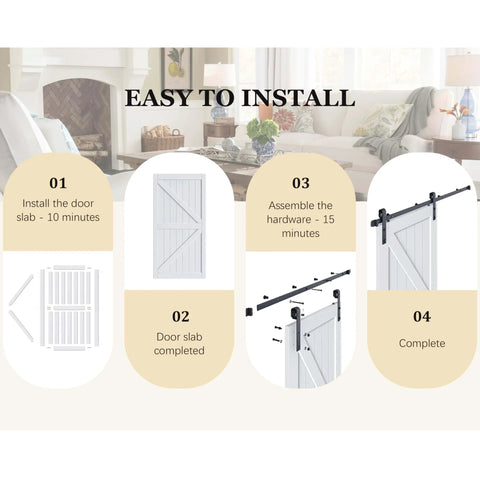 Installation steps for Space Saving Sliding Barn Door With Bypass Hardware Kit, 72 Inch By 84 Inch, MDF Painted White, Easy DIY Install.