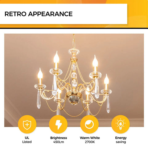 Soft Warm White E12 LED Candle Bulbs 90 Plus CRI Dimmable Flame Tip CA10 Chandelier Bulbs 4W 450 Lumens 2700K 40W Equivalent UL Listed Pack Of 6 Energy Efficient Great For Any Room Or Dining Area illuminating a chandelier in a retro appearance.