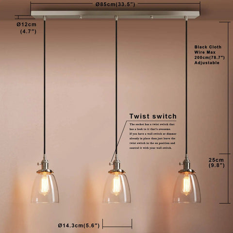 Three Light Industrial Pendant Lighting for Kitchen Island with Oval Clear Glass Shades, Brushed Steel Ceiling Fixture
