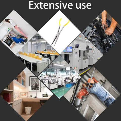Collage showing extensive use of 11 Inch Long Reach Needle Nose Pliers With Milled Jaws for mechanics, technicians, contractors