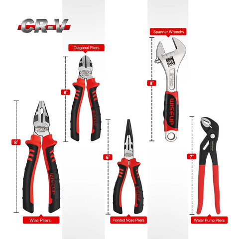 Five Piece Pliers Set In Cr-V Chrome With 6 Inch Needle Nose Pliers, 8 Inch Lineman Pliers, 6 Inch Wire Cutter, 7 Inch Channel Locks Pliers, And 8 Inch Adjustable Wrench Built Tough For DIY And Pro Jobs display.
