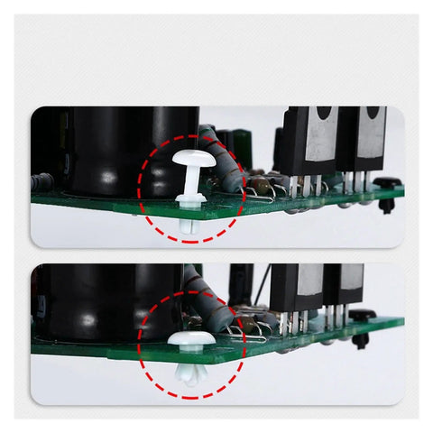Heavy Duty Nylon Plastic Rivets R Type Expansion Nails installed on a circuit board for securing components safely.